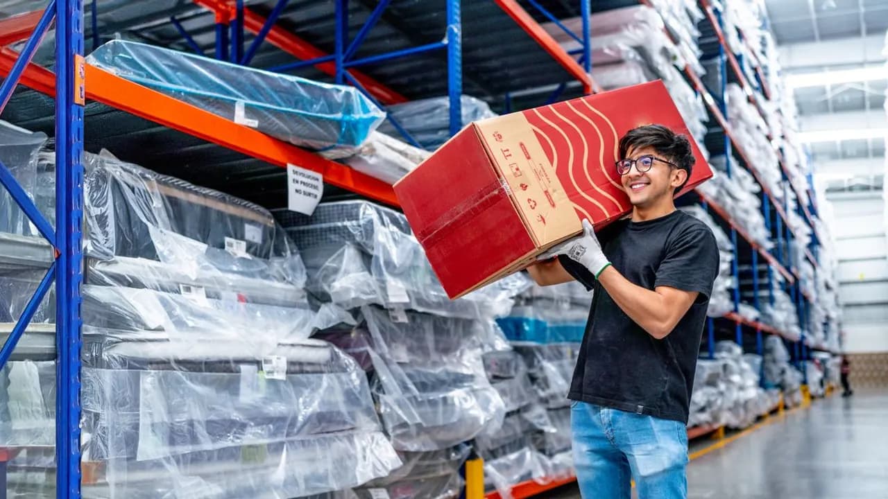 Trabajador de almacén organizando cajas y existencias