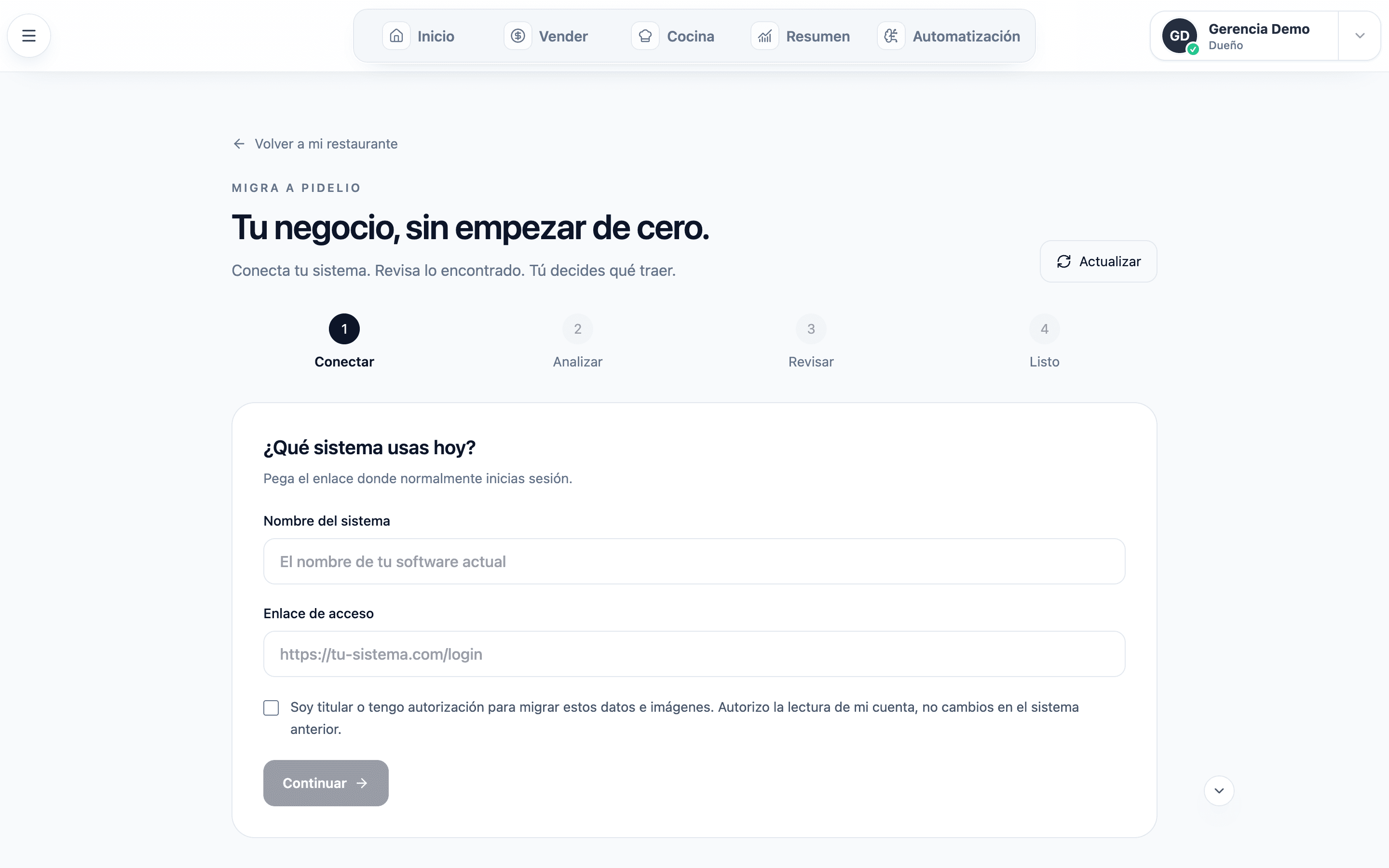 Módulo actual de migración de Pidelio