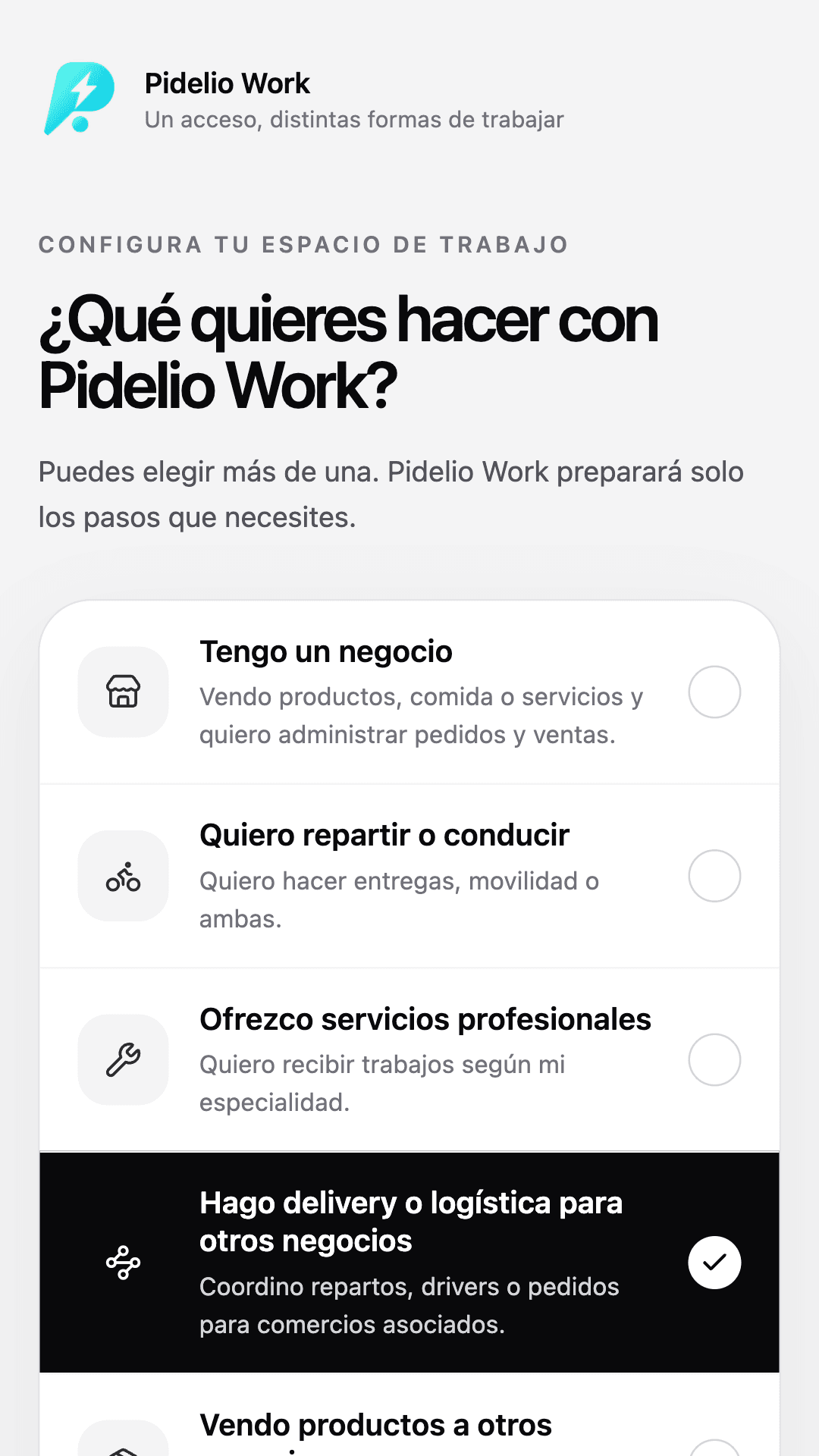 Selección actual de logística en Pidelio Work