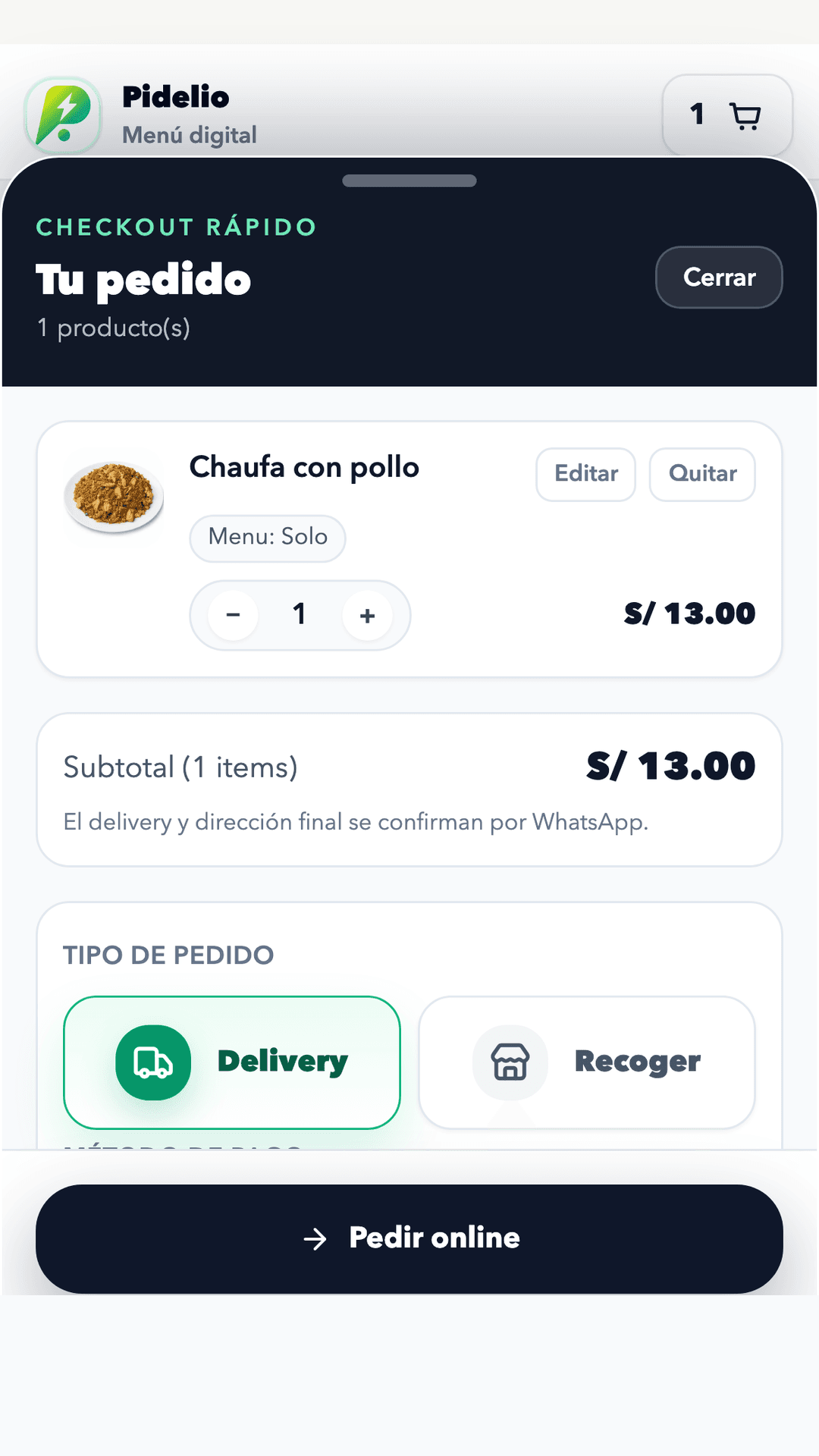 Checkout real de un comercio en la app Pidelio