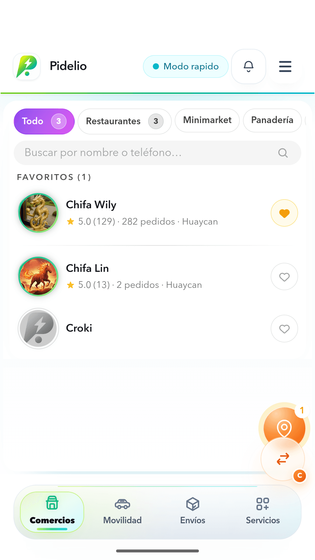 Pantalla real de Comercios en la app Pidelio