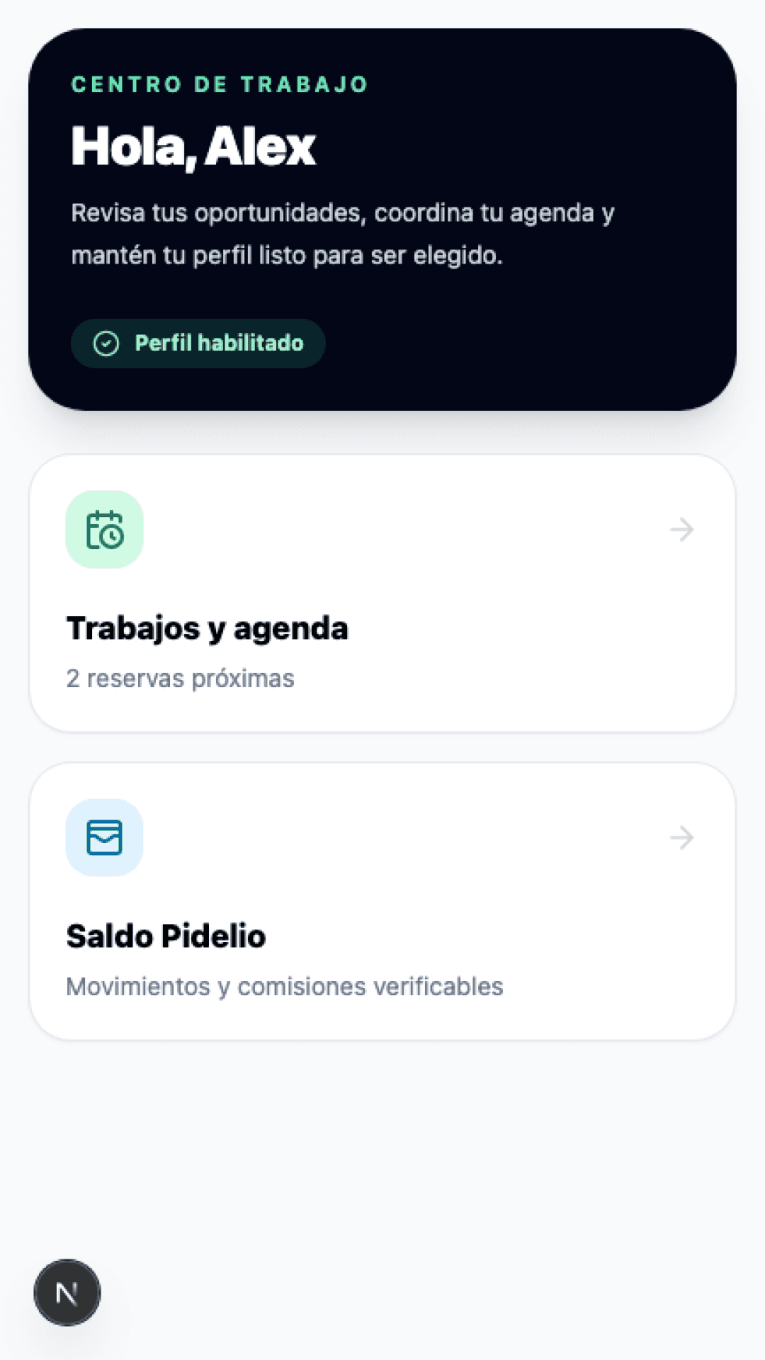Centro de trabajo real de profesional de servicios en Pidelio Work