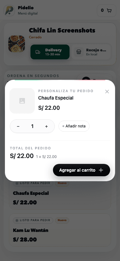 Página de pedidos Pidelio para restaurante con carrito y confirmación por WhatsApp