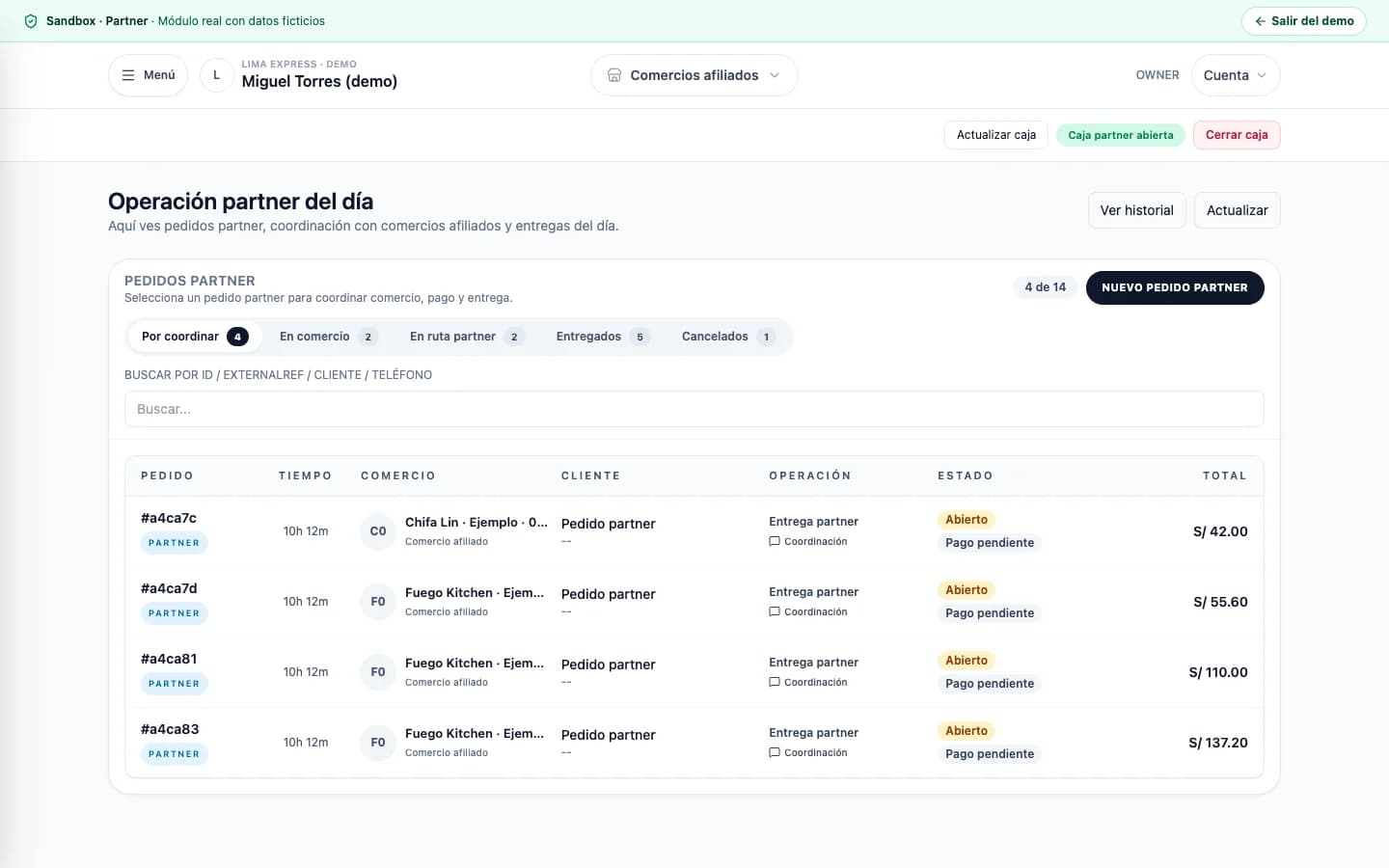 Órdenes y asignación del demo Partner Pidelio