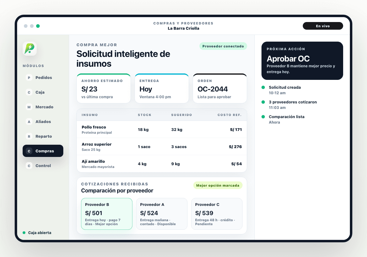 Mockup Pidelio de compras con solicitud de insumos, cotizaciones y proveedor recomendado
