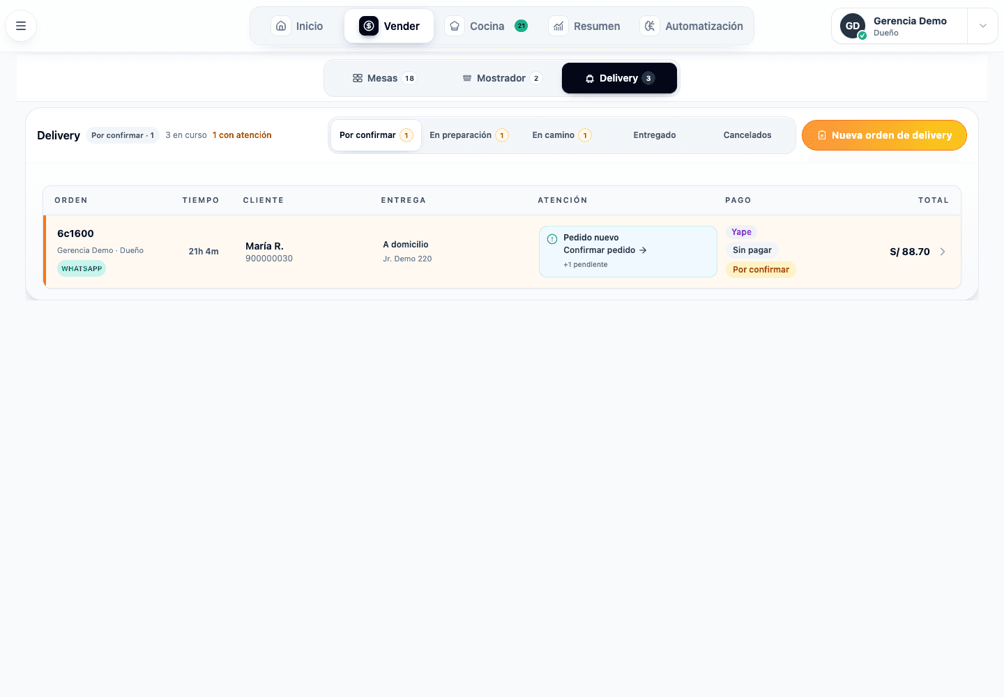 Interfaz de delivery de Pidelio para restaurantes con pedidos y reparto