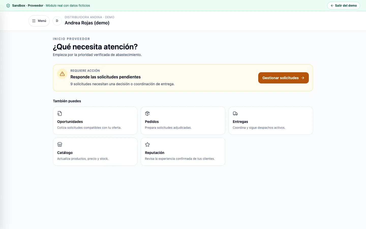 Panel de inicio del demo público Proveedor Pidelio